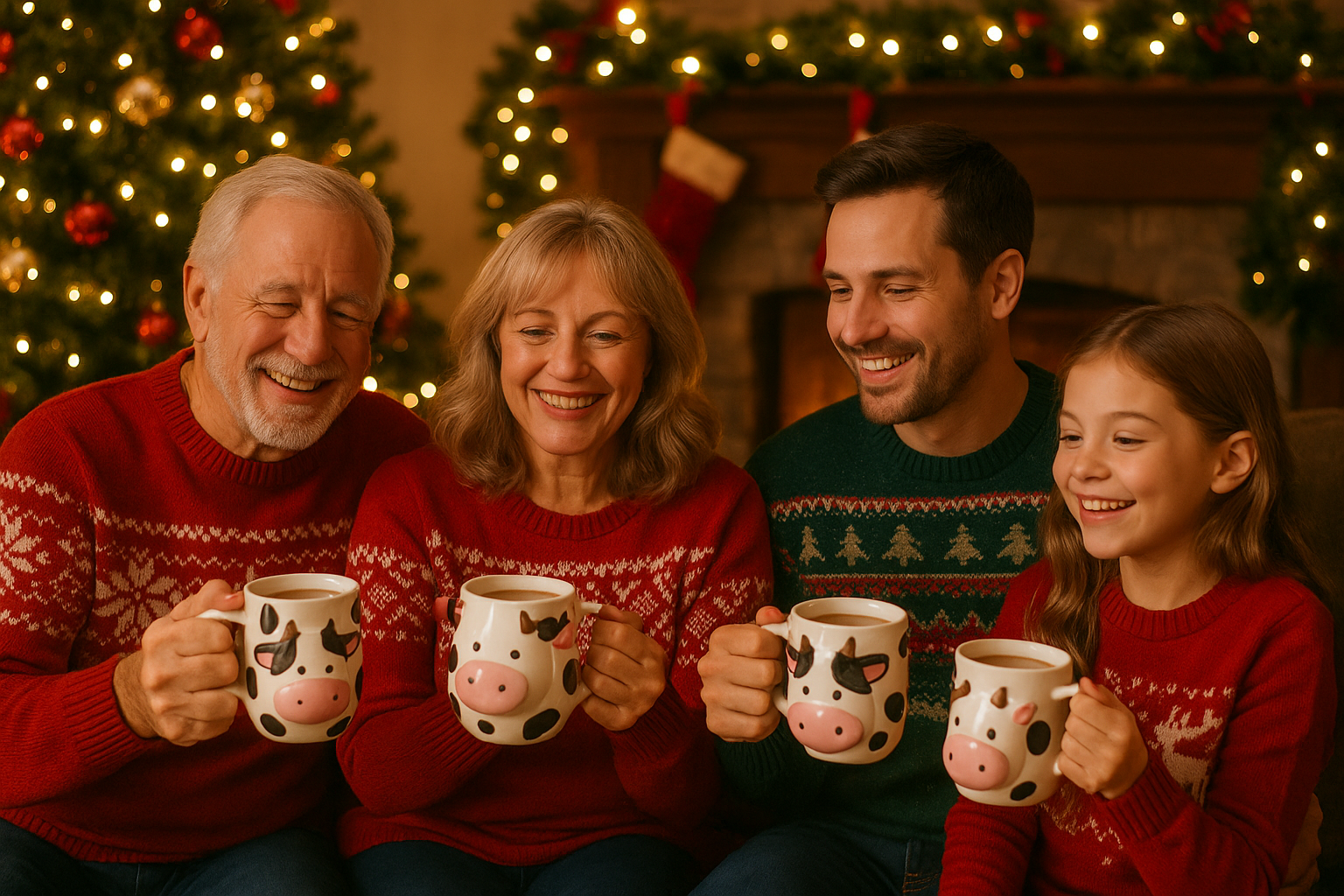 christmas theme a family holding cow desgined mugs