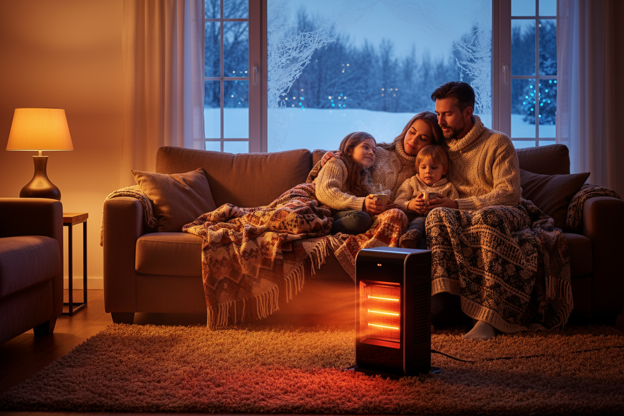 winter time so its cold in the house and a heater is warming a fmaily up